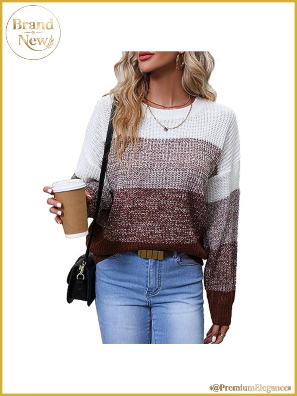 Striped Color Block Long Sleeve Crewneck Sweater for Women Lightweight Acrylic